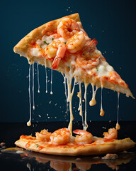 Slice of shrimp and cheese pizza floating in the air