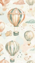 Whimsical hot air balloons floating against a soft, pastel sky with fluffy clouds and whimsical patterns