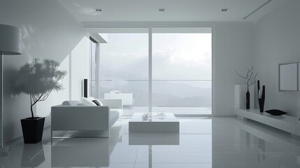 Poster - A white living room with a couch, coffee table, and a potted plant. The room has a modern and minimalist design, with a large window that lets in natural light