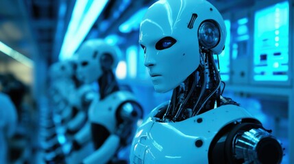 Fototapete - Robots conduct simulations in a laboratory illuminated by cool blue lighting and follow the three rules of robotics