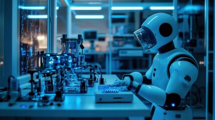 Fototapete - Robots conducting simulations in a laboratory under cool blue lighting, exploring the three laws of robotics and advanced technologies