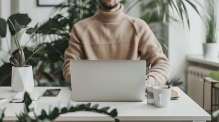 Poster - An office worker engages in remote tasks in a modern minimalist home office filled with plants during a bright daytime
