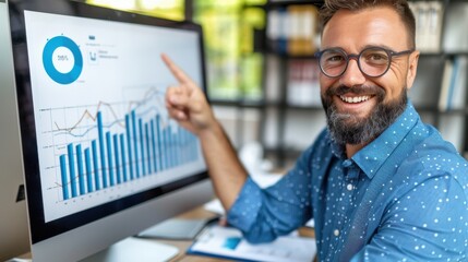 Leinwandbilder - Office worker at a tech startup analyzes data trends on a computer screen during a productive workday