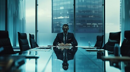 Poster - Corporate office worker sits at a conference table in a high-rise boardroom while preparing for an important business meeting on a cloudy day