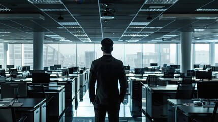 Leinwandbilder - A focused office worker stands still in a spacious corporate workspace, reflecting on a busy day during late afternoon hours