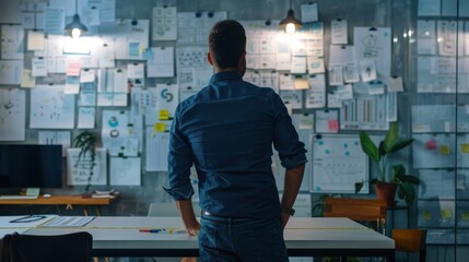 Aufkleber - Office worker reflecting on project plans in a modern startup environment during evening hours
