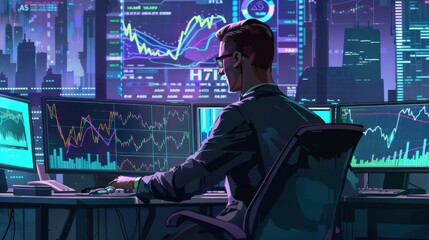 Aufkleber - An office worker analyzes financial data at a large financial institution using multiple screens in a modern city environment at night