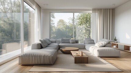 A large living room with a white couch and a coffee table. The room has a modern and minimalist design