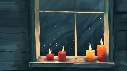 Aufkleber - Warm holiday candles glowing in a minimalist window setting during a snowy evening