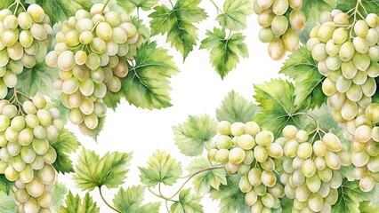 high angle watercolor pattern of white grape bunches