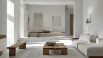 Poster - A white living room with a wooden coffee table and a white couch. The room is very clean and simple, with a few decorative elements such as a vase and a bowl. The mood of the room is calm and peaceful