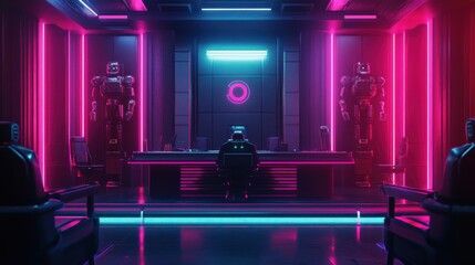 Poster - A neon room with robots and chairs