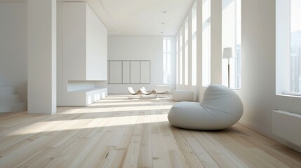 Poster - A large, empty room with white walls and wooden floors. A white bean bag chair is in the middle of the room