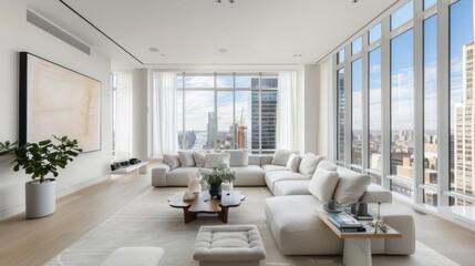 Poster - A large white living room with a white couch and a white coffee table. The room has a modern and minimalist design