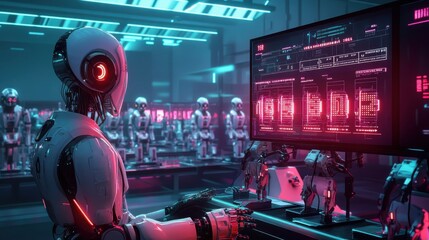 Fototapete - A robot is sitting in front of a computer monitor with a red and blue screen