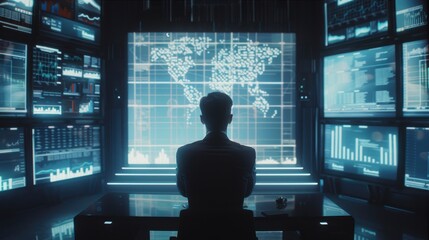 Leinwandbilder - A man is sitting at a desk in front of a computer monitor with a map on it. The man is looking at the screen intently, possibly analyzing data or information. Concept of focus and concentration