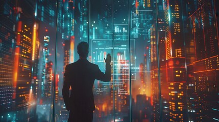 Fototapete - A man is standing in front of a window, looking out at a cityscape. Concept of awe and wonder at the vastness and complexity of the urban environment