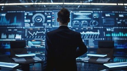 Leinwandbilder - A man in a suit stands in front of a computer monitor displaying various graphs and numbers. Concept of focus and concentration as the man looks at the data displayed on the screen