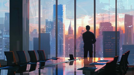 Leinwandbilder - A man is standing in front of a window looking out at the city. The room is filled with chairs and a table. The man is wearing a suit and tie. Scene is calm and reflective