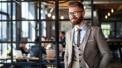 An office worker in business attire stands confidently in a modern high-rise corporate setting during a busy workday