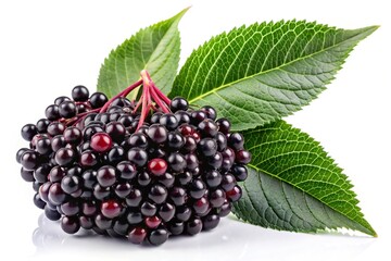 Wall Mural - Macro fresh organic elderberry cut in half sliced with leave isolated on white background with clipping path