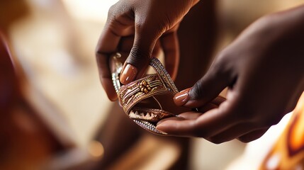 A shoe seller adjusts a woman's sandal ankle strap, highlighting fine detailing and elegant lighting in a retail setting