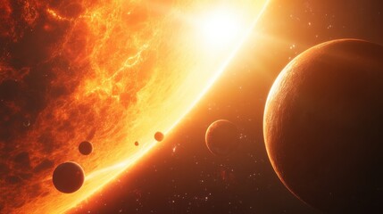 Wall Mural - a newly discovered solar system with six glowing planets orbiting a massive red giant star in a vibr