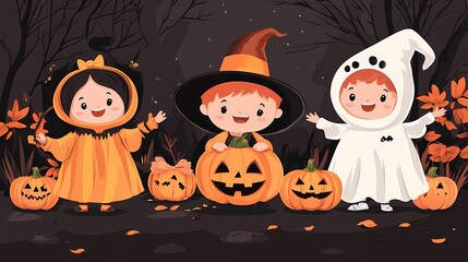 Three cheerful children in Halloween costumes with pumpkins in a spooky setting.