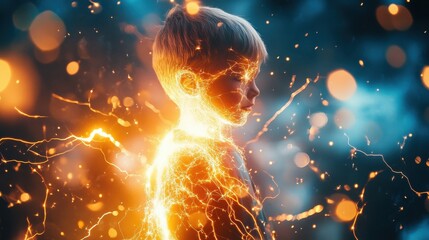 Poster - A child generates electricity in a breathtaking double exposure, surrounded by sparks and glowing energy in a vibrant display