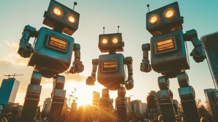 Poster - Robots harmoniously collaborating in a utopian city during golden hour under the guidance of the 3 Rules of Robotics
