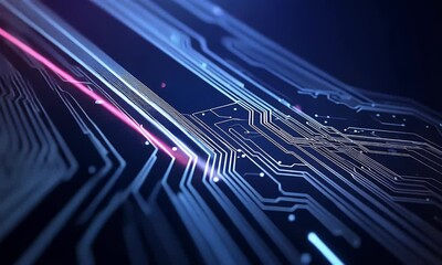 Wall Mural - blue technology background with circuit board lines and glowing dots on dark blue background vector 