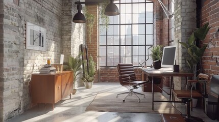 Leinwandbilder - An office worker engaged in tasks in a spacious loft office with large windows and a stylish decor, illuminated by natural light during daytime