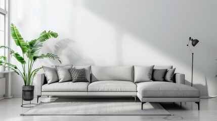 Aufkleber - A large sectional sofa is the main focus of the living room. The room is clean and uncluttered, with a potted plant and a lamp providing a cozy atmosphere
