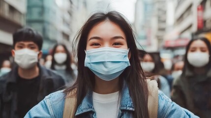 Smiling woman in denim jacket wearing a face mask in a busy urban environment, surrounded by masked individuals.