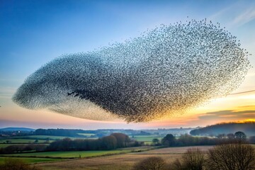 Wall Mural - murmuration of starlings flying in the sky