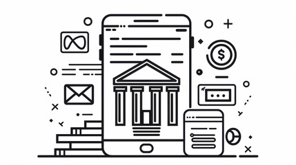 Poster - Line art design of a modern mobile banking app interface showcasing user-friendly options for secure transactions and features