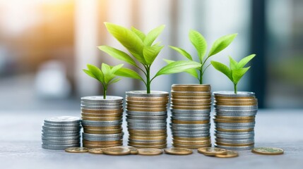 Coins stacked with growing plants, symbolizing growth and financial investment in a sustainable future.