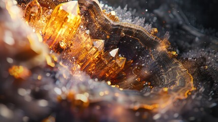 Poster - A close up of a large crystal formation with a golden hue. The crystals are scattered throughout the image, creating a sense of depth and texture
