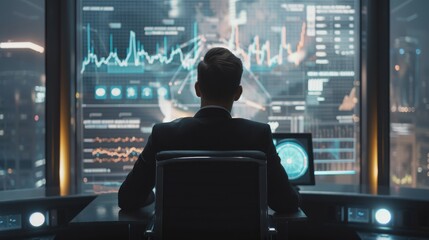 Leinwandbilder - A man is sitting in front of a computer monitor with a lot of graphs and numbers on it. He is wearing a suit and tie. Concept of focus and concentration as the man looks at the data on the screen