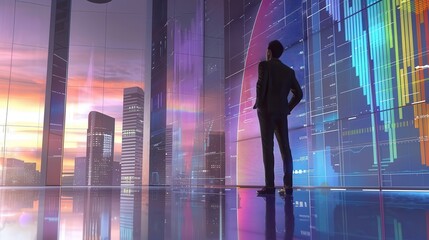 Fototapete - A man stands in front of a large screen with a city in the background. The man is wearing a suit and he is looking at the screen intently. Concept of focus and determination