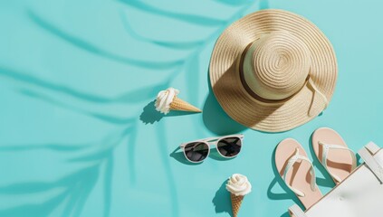 Summer flat lay banner with beach accessories sunglasses sun hat beach shoes sandalsice cream white bag top view on mint background copy space Summer vacation concept aesthetic minimal 