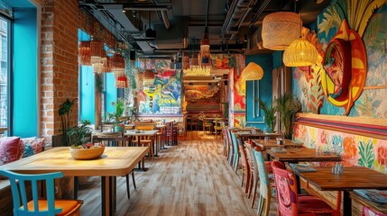 Aufkleber - A restaurant with a colorful mural on the wall and a variety of chairs