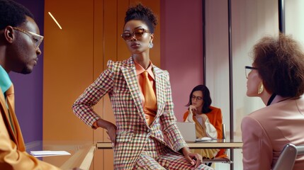 Fototapete - An office worker in a checked suit confidently leads a high-rise corporate meeting in a vibrant, modern workspace during the afternoon