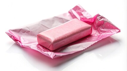 Wall Mural - Pink chewing gum in foil wrapping isolated on white background low angle view