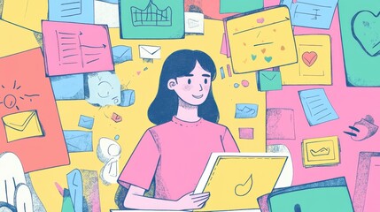 Poster - A woman is holding a laptop and surrounded by many papers