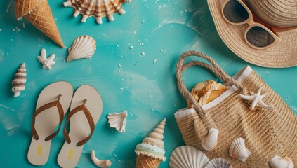 Summer flat lay banner with beach accessories sunglasses sun hat beach shoes sandalsice cream white bag top view on mint background copy space Summer vacation concept aesthetic minimal 