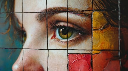 Poster - A close-up of a vibrant classical painting overlaid with a divine proportion grid in an art studio setting