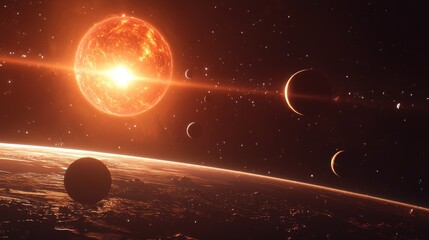 Poster - A newly discovered solar system with six glowing planets orbiting a massive red giant star in deep space