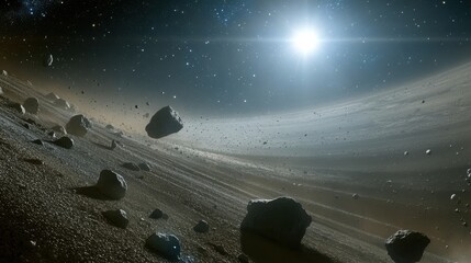 Poster - A vast asteroid belt surrounds a distant planet, showcasing a stunning display of cosmic rocks and dust across the dark expanse of space
