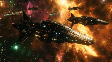 Poster - A fleet of advanced spaceships navigates the vibrant remnants of a supernova amidst swirling cosmic dust